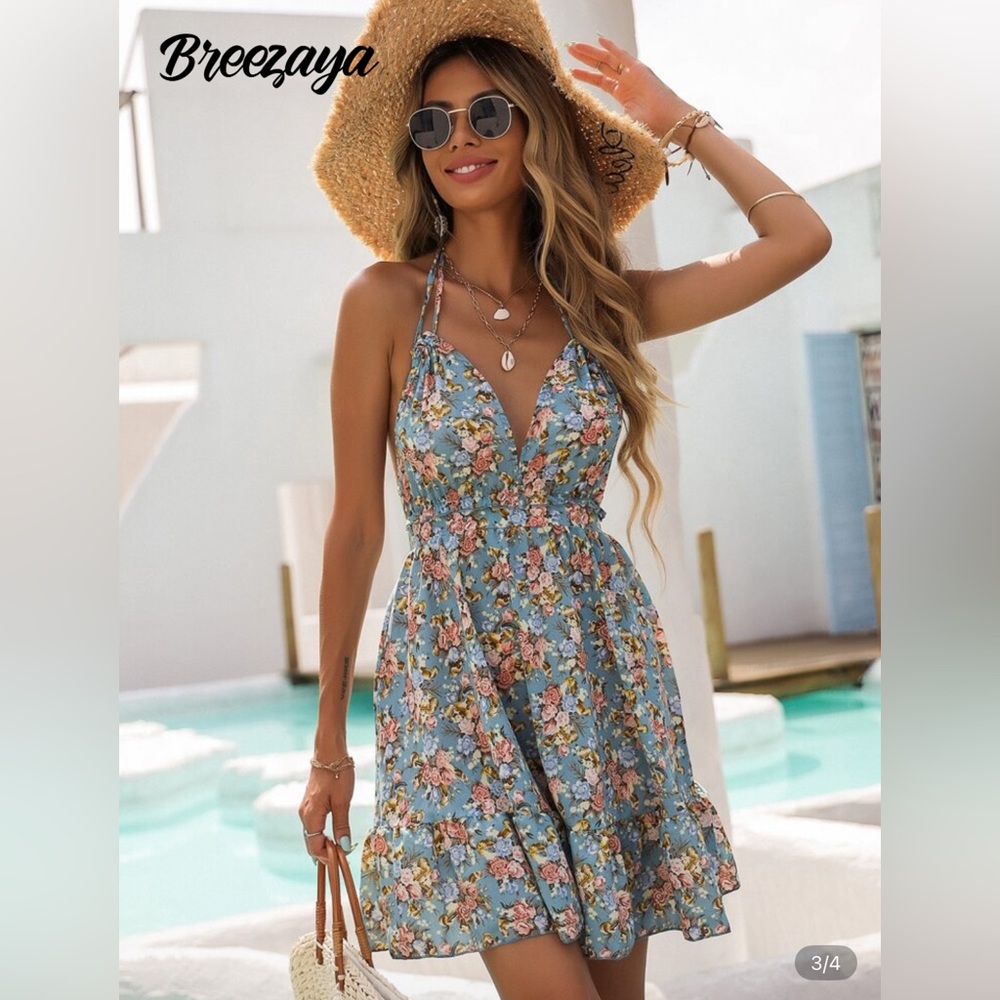 Floral Blue Halter Dress